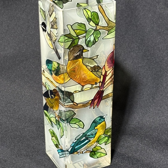 Joan Baker Designs Stained Glass Various Bird Themed Square Glass Vase 10.25" - Picture 1 of 8